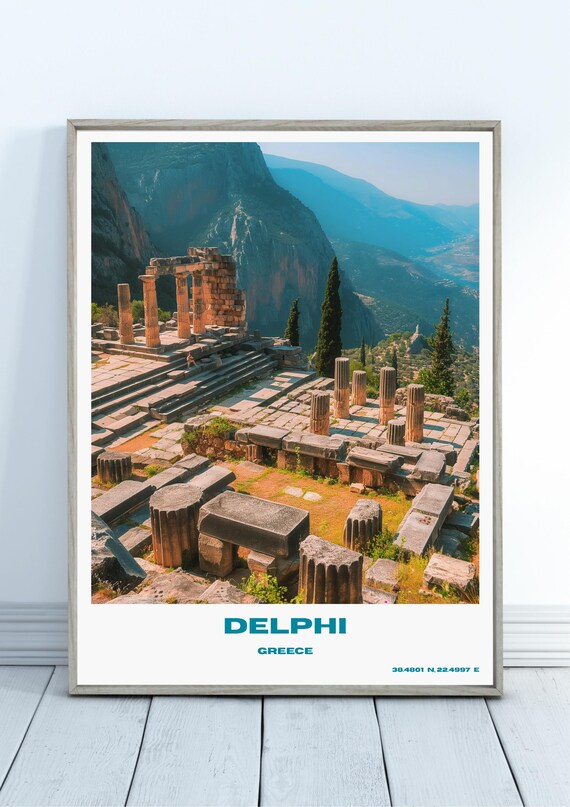 Delphi Greece Ancient Ruins Mountains Illustrated Travel Poster