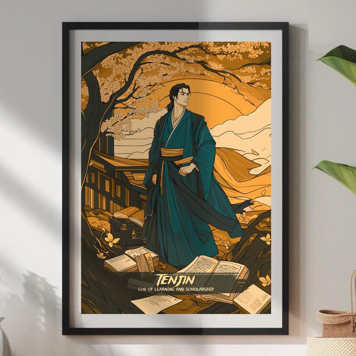 Tenjin Japanese God of Learning Books Cherry Blossom Art Poster
