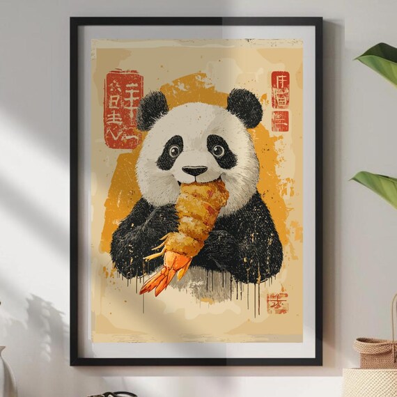 Tempura Panda Poster Vintage Japanese Animal Print Funny Eating Prawn Wall Art Quirky Kitchen Decor Unique Foodie Gift