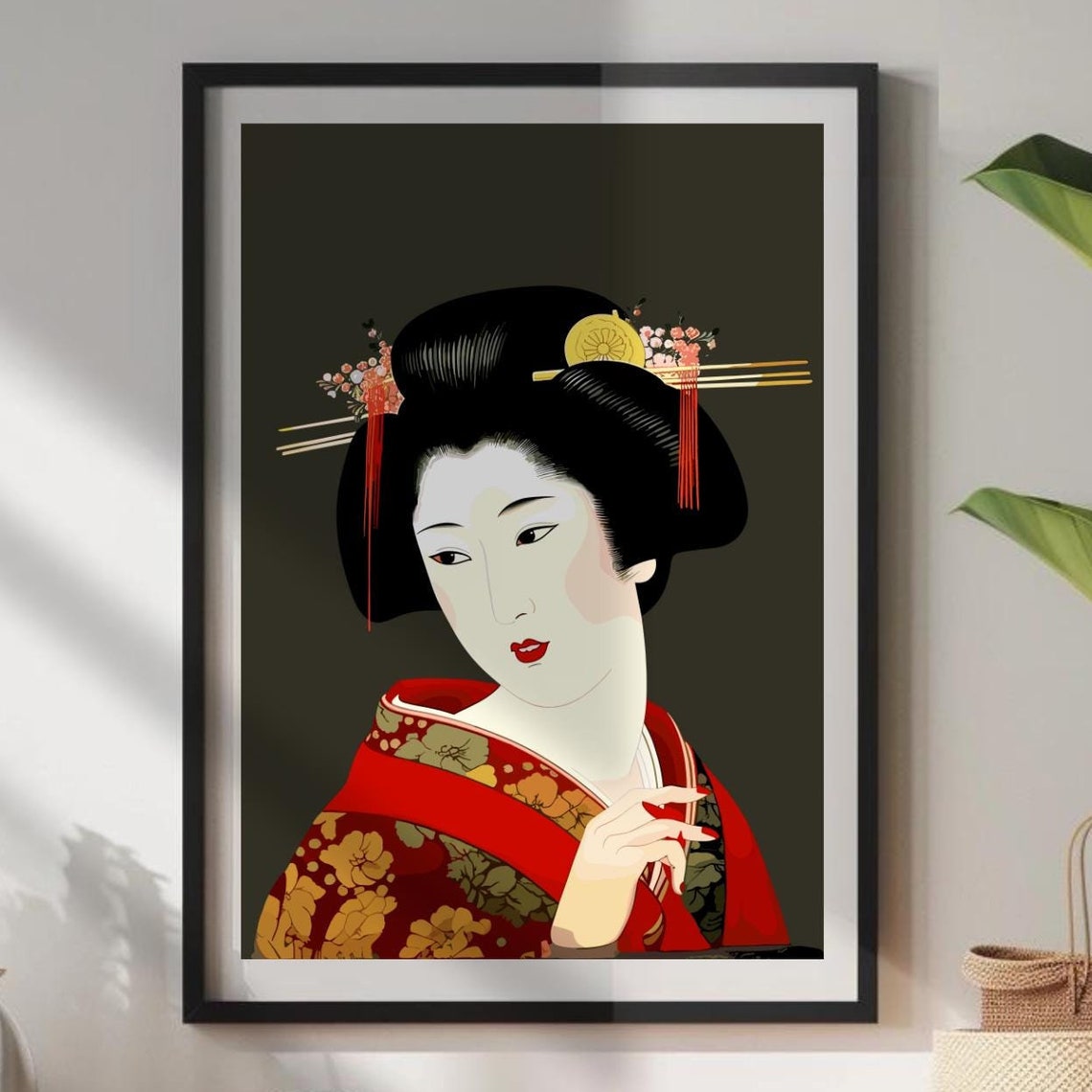 Japanese Geisha Portrait Red Kimono Traditional Elegant Art Poster