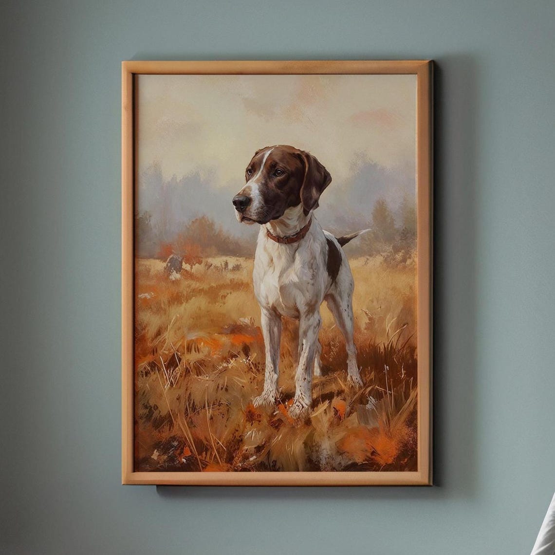 English Pointer Rustic Painting Liver White Dog Autumn Print