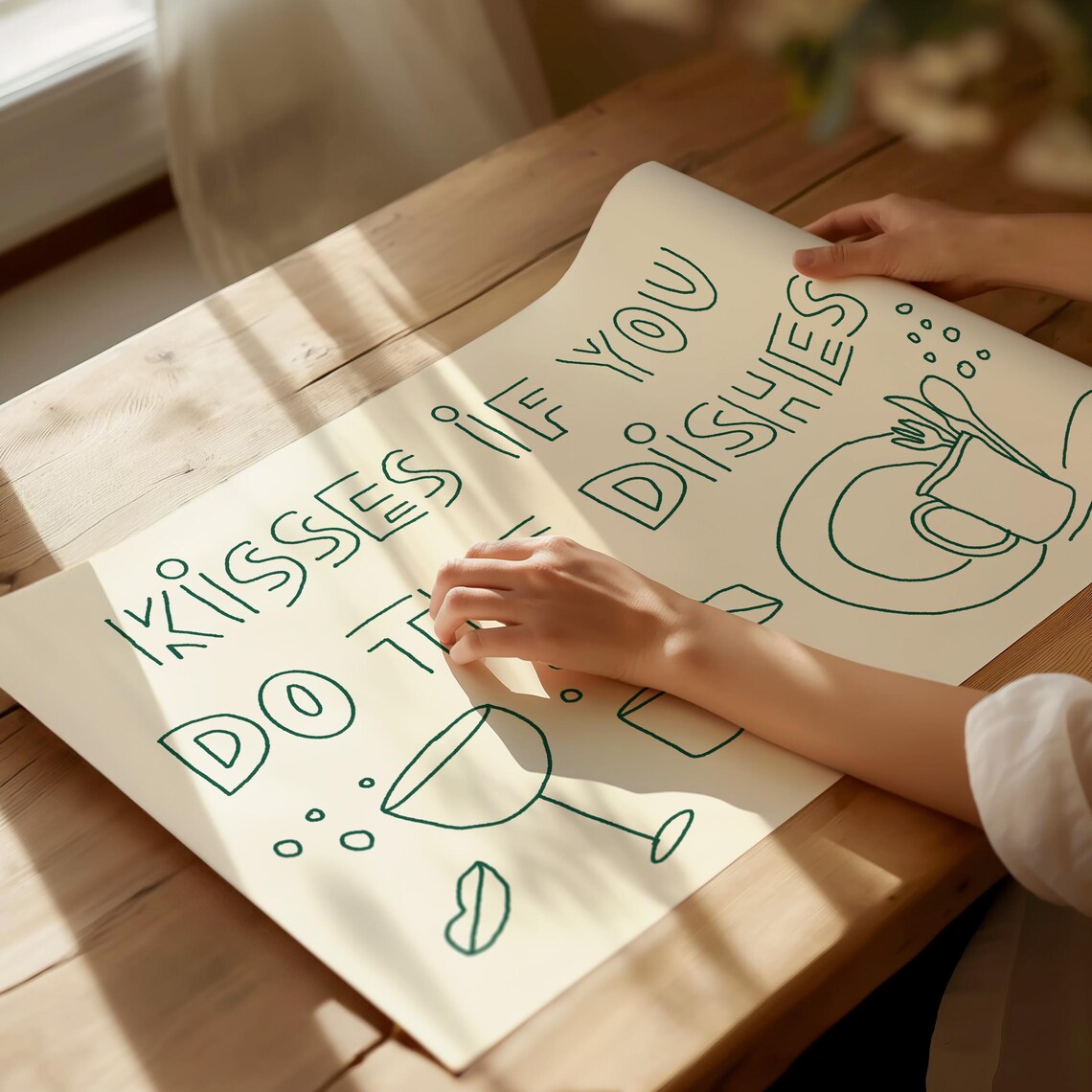 Kisses If You Do The Dishes Print Hand Drawn Print Horizontal Art Print Trendy Kitchen Art Above The Sink Poster Typography Print - Image 2