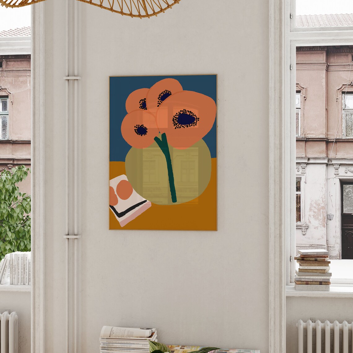 Bold Coral Poppy Abstract Flowers On Blue Decorative Art Poster - Image 2