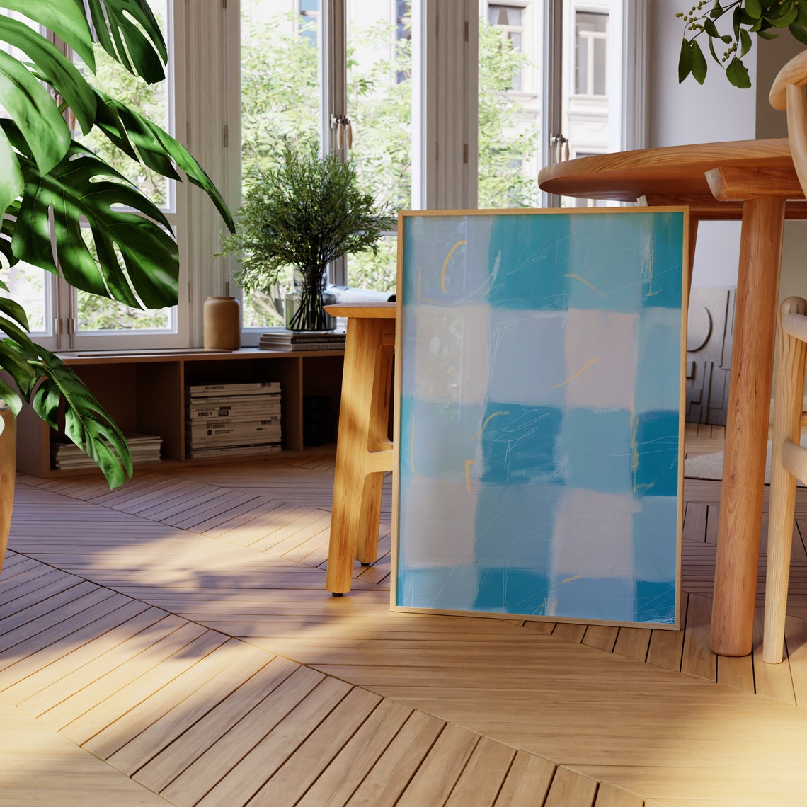 Blue Checkerboard Abstract Painterly Squares Modern Decor Poster - Image 2