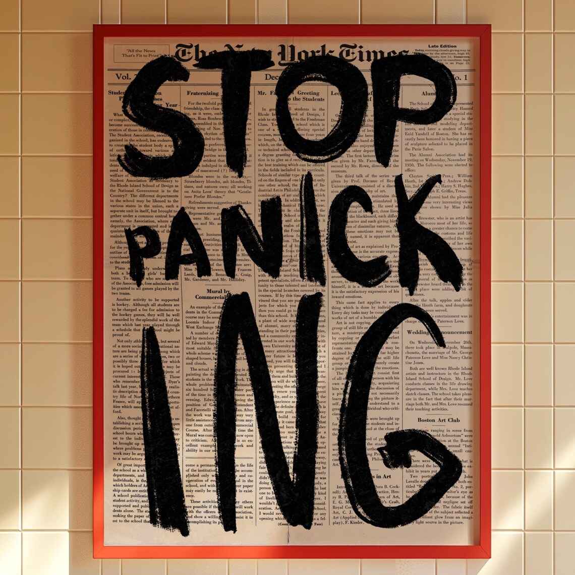 Stop Panicking Retro Newspaper Poster Bold 70s Typography Art