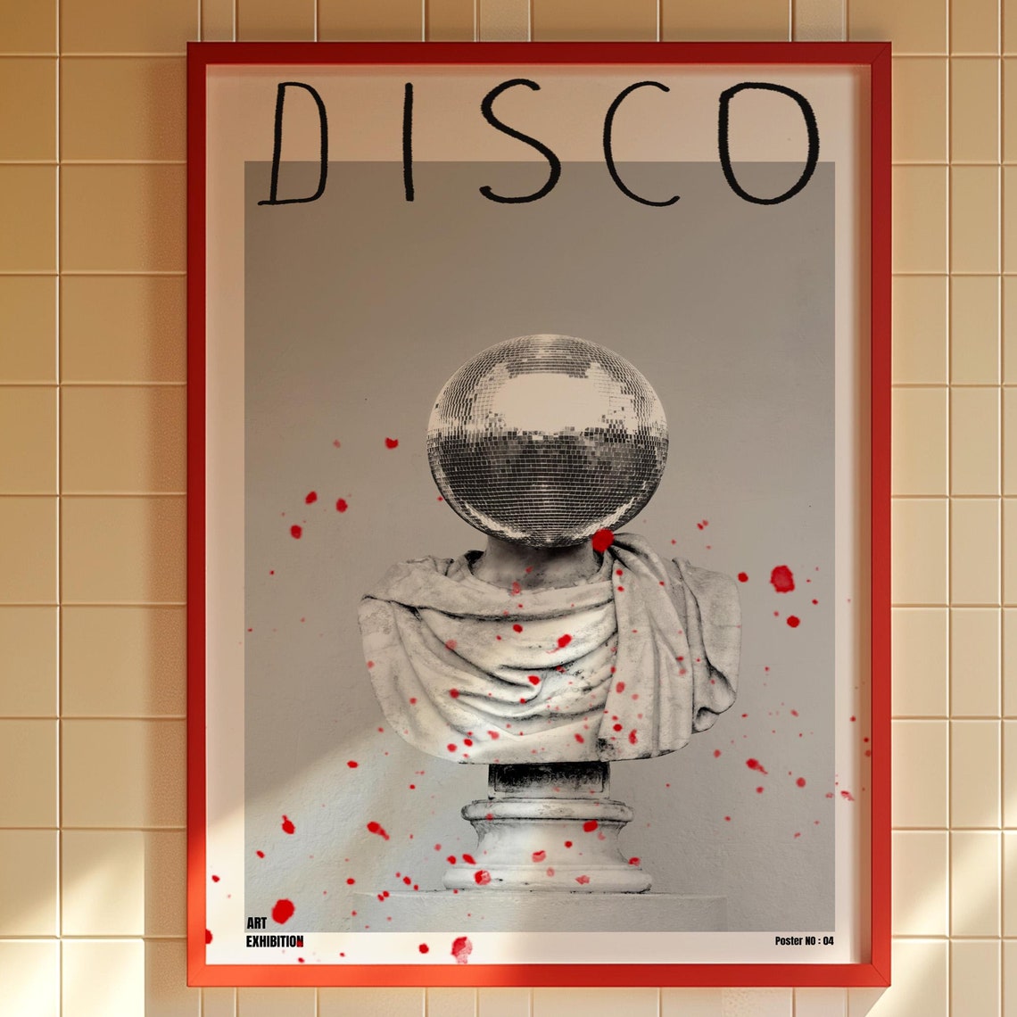 Disco Ball Head Classical Bust Red Splatter Art Exhibition Poster