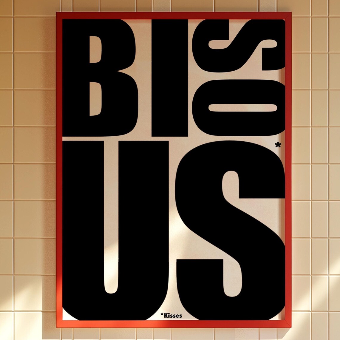 Bisous French Kisses Bold Black Typography Red Frame Kitchen Wall Art