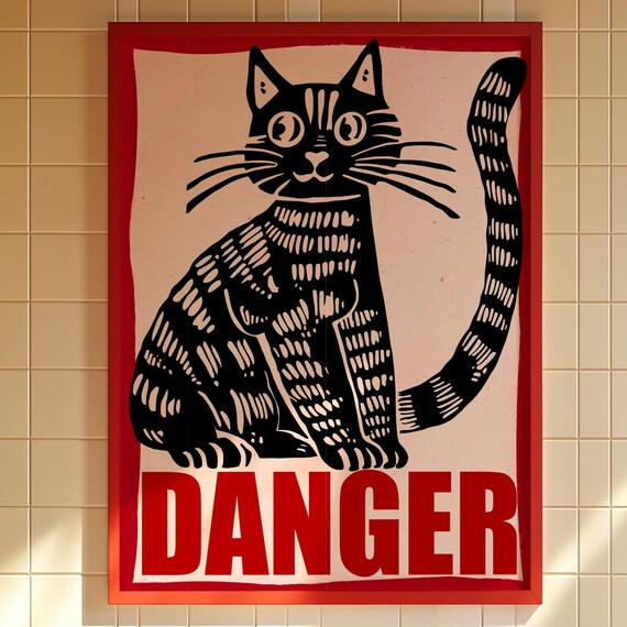 Funny Black Cat Linocut with Bold Red Danger Sign Y2K Poster