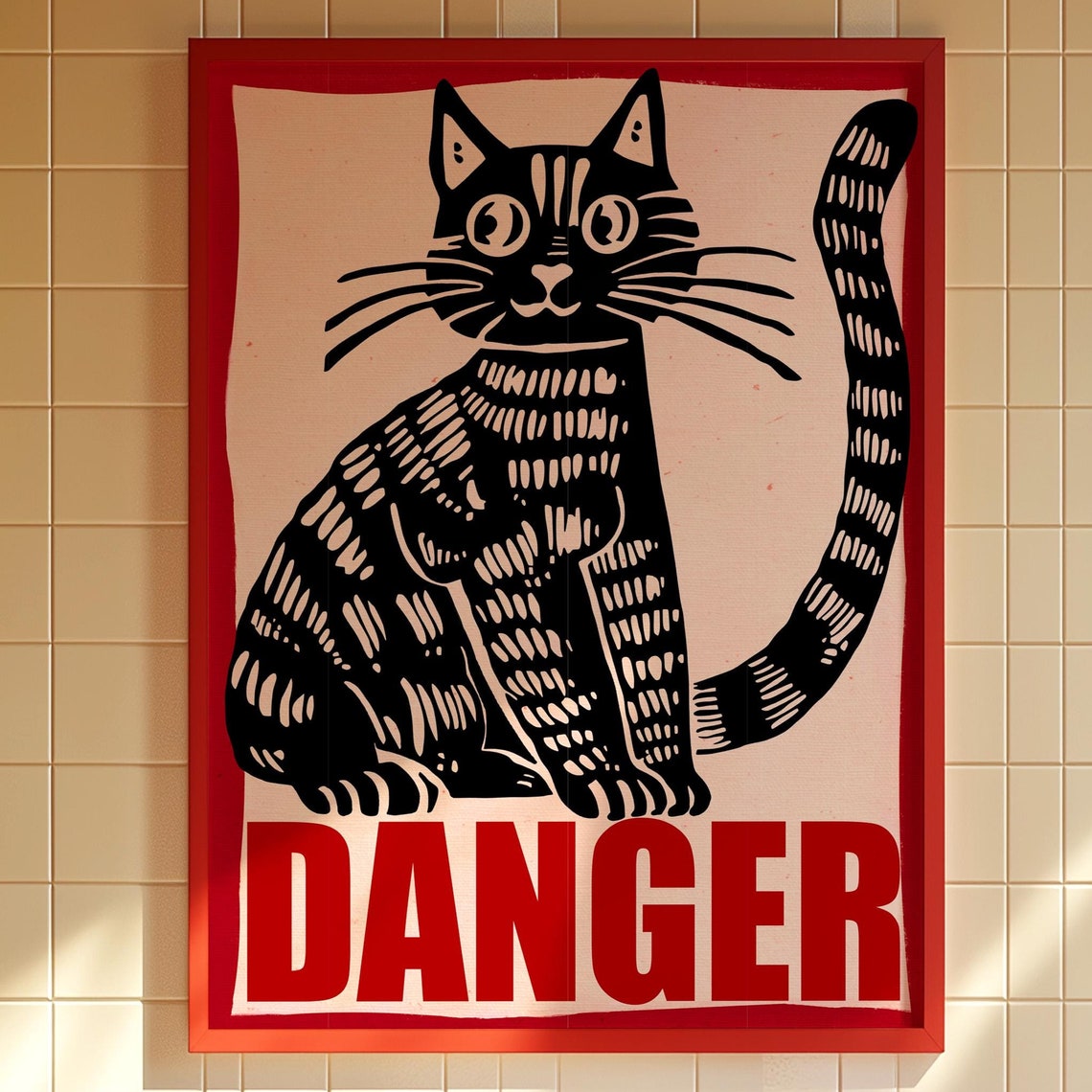 Funny Black Cat Linocut with Bold Red Danger Sign Y2K Poster