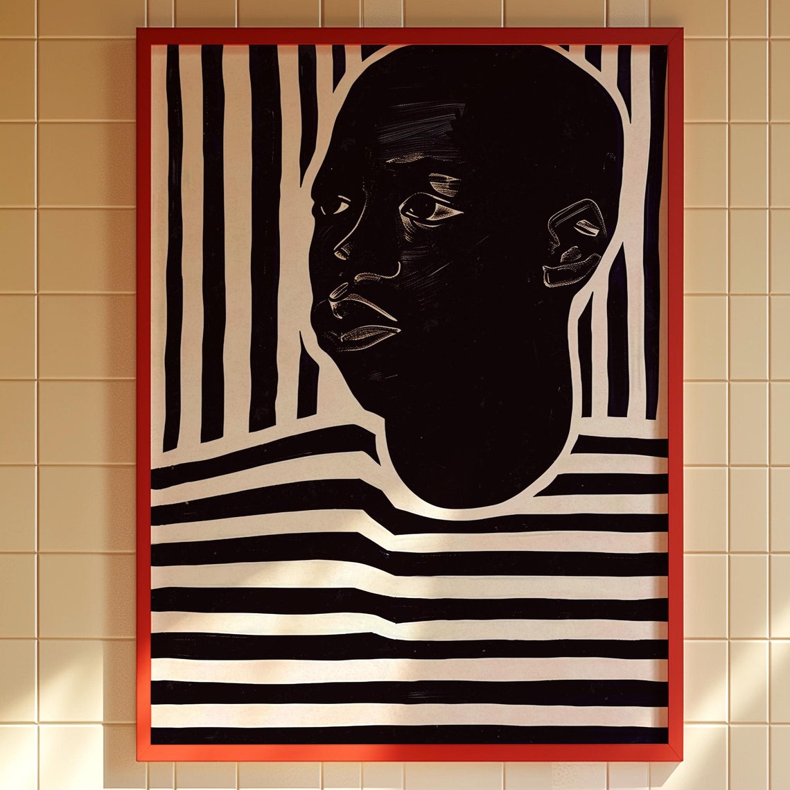 Bold Black And White Striped Abstract Portrait Face Art Poster