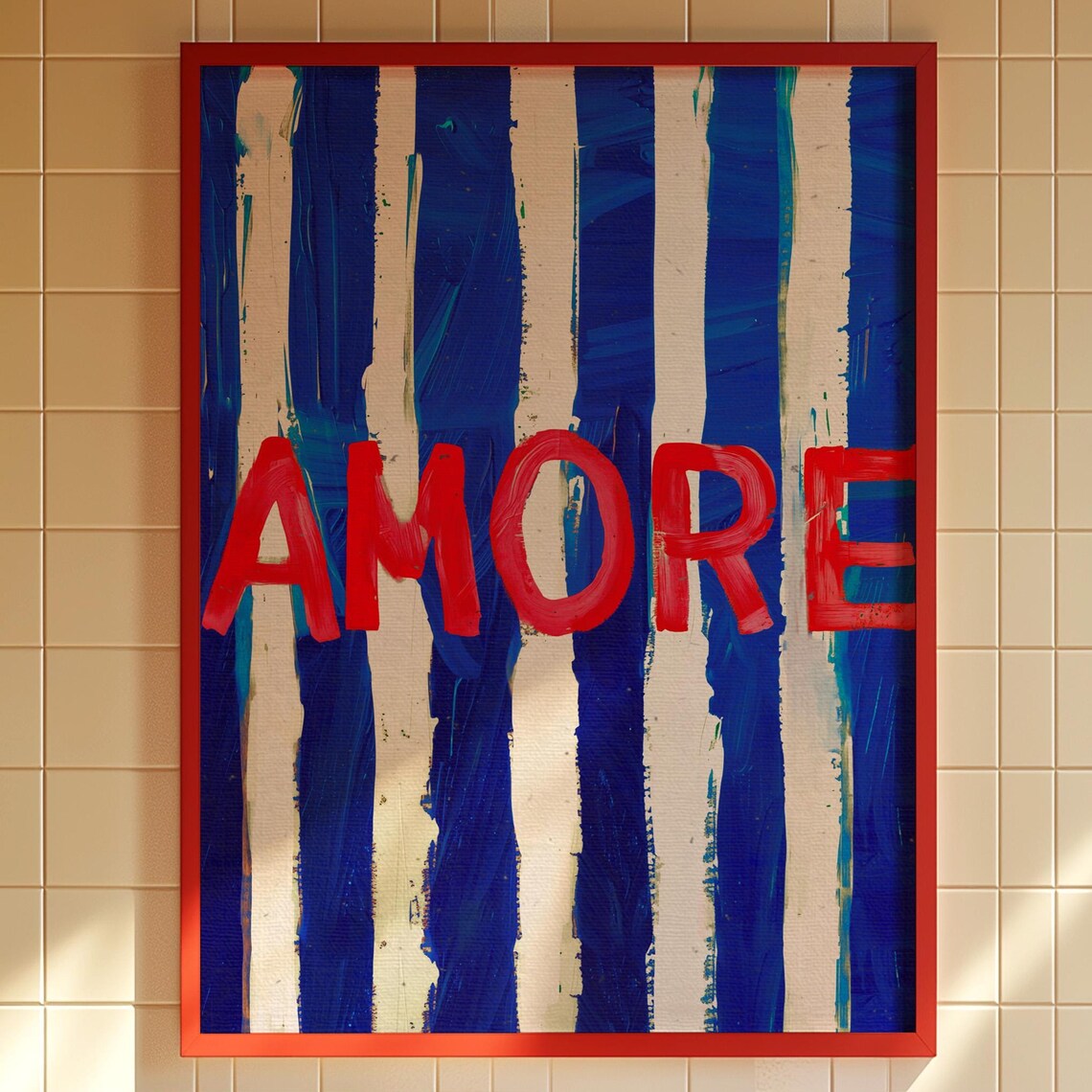 Blue Typography Stripe Poster, Psychedelic Maximalist Decor