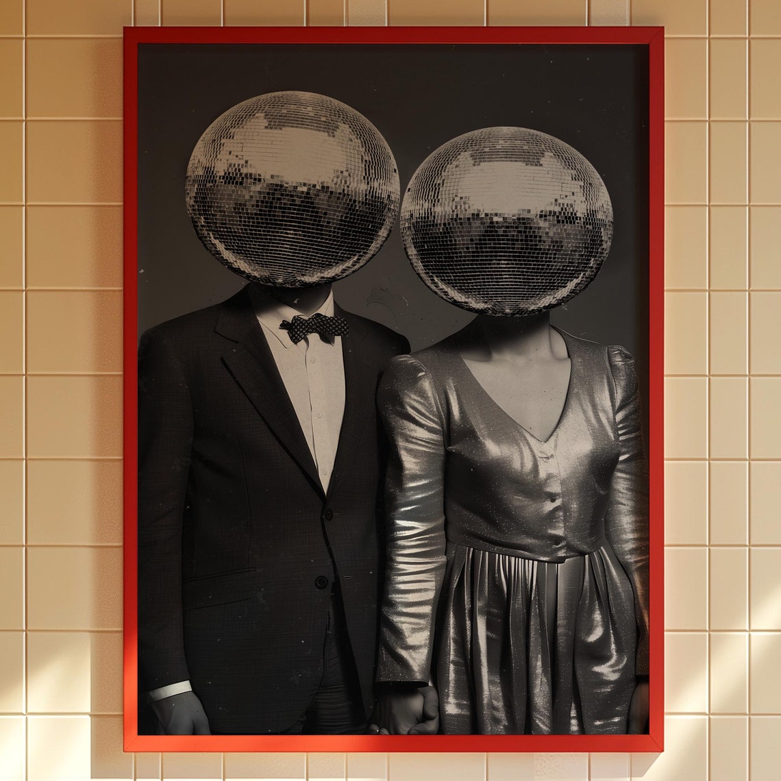 Disco Ball Head Couple 70s Retro Surreal Wedding Portrait Poster