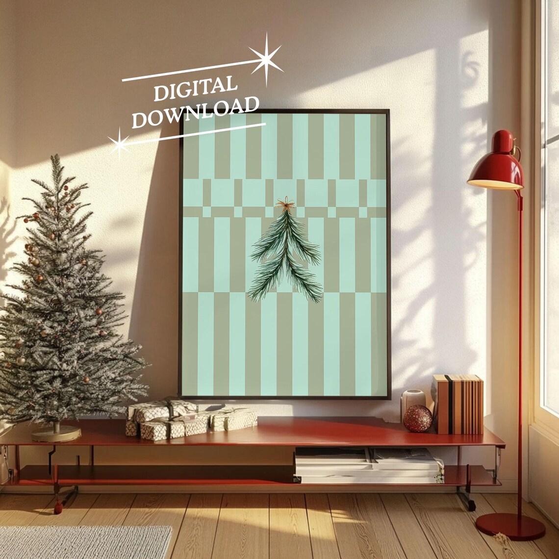 Simple Pine Sprig Ornament on Sage Stripes Christmas Art Poster - Image 4