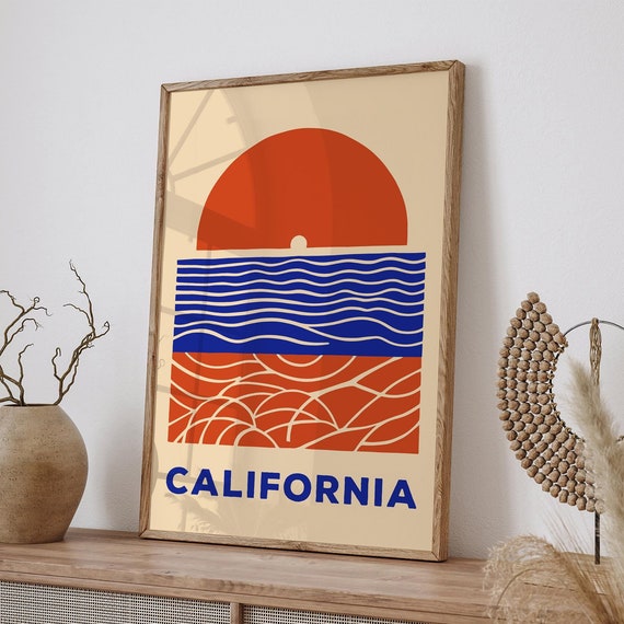 California Retro Sunset Wall Art Print Minimalist Ocean Waves Poster Mid Century Modern Travel Decor Bold Geometric Coastal Art For Home
