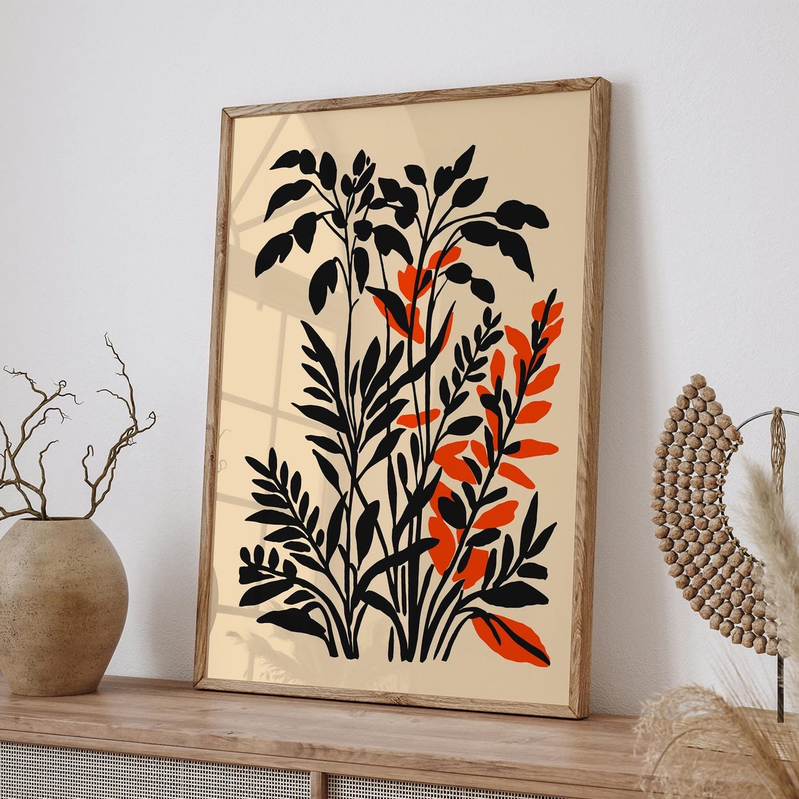 Black Orange Leaf Silhouette Minimalist Botanical Art Poster