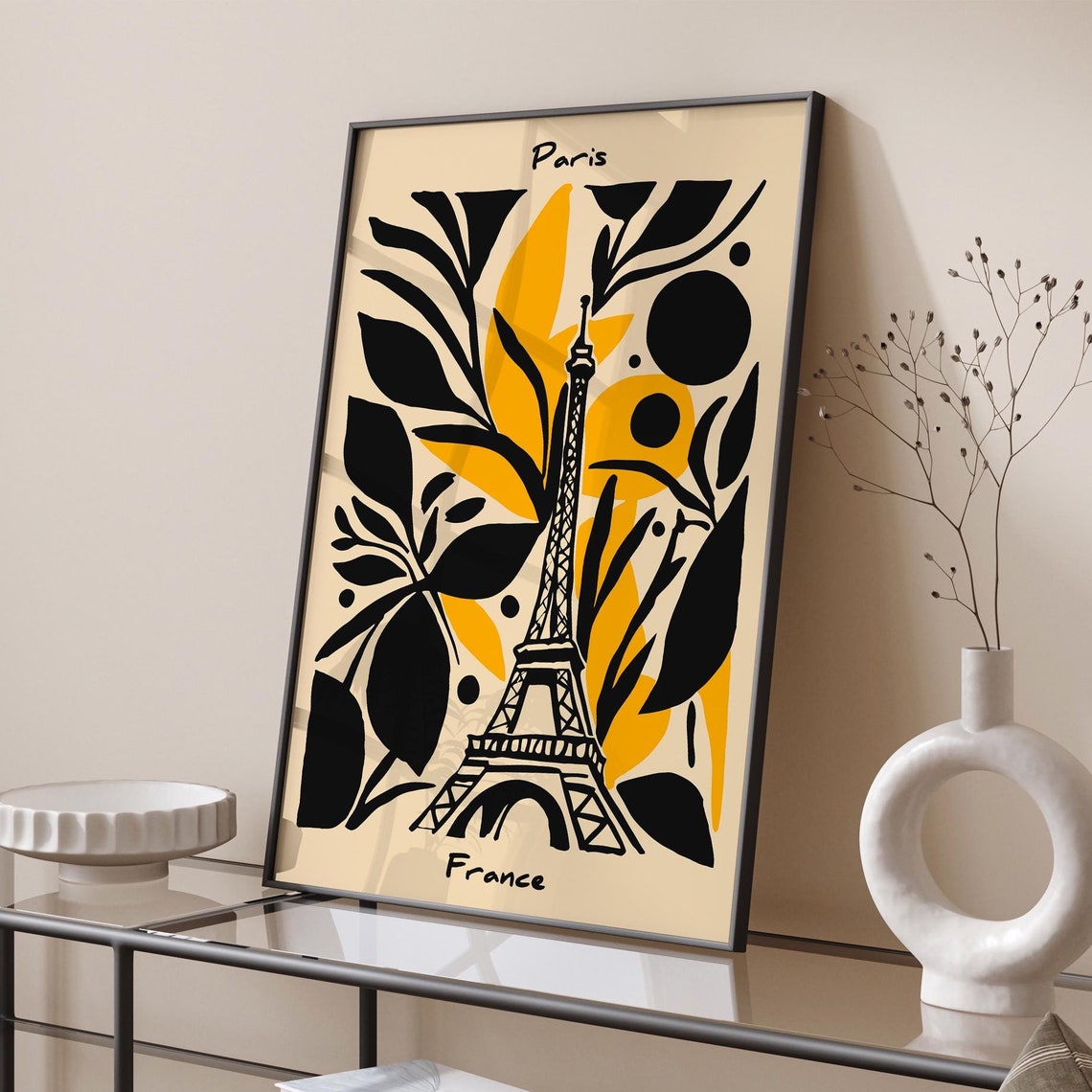 Paris Eiffel Tower Botanical Yellow Black France Travel Poster - Image 6
