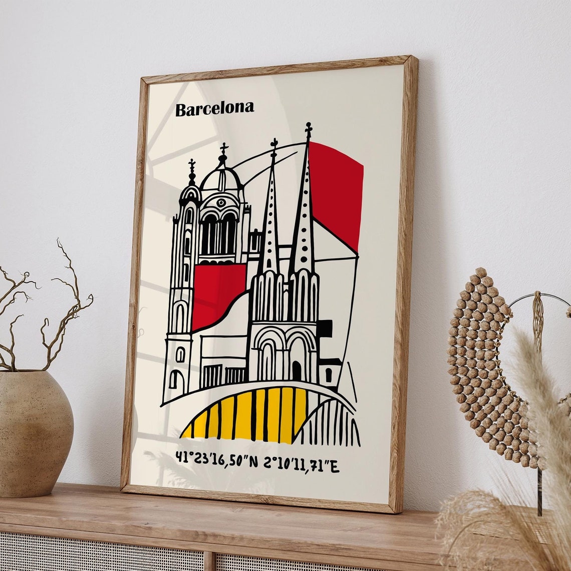 Barcelona Red Yellow Cathedral Line Art Coordinates Map Poster