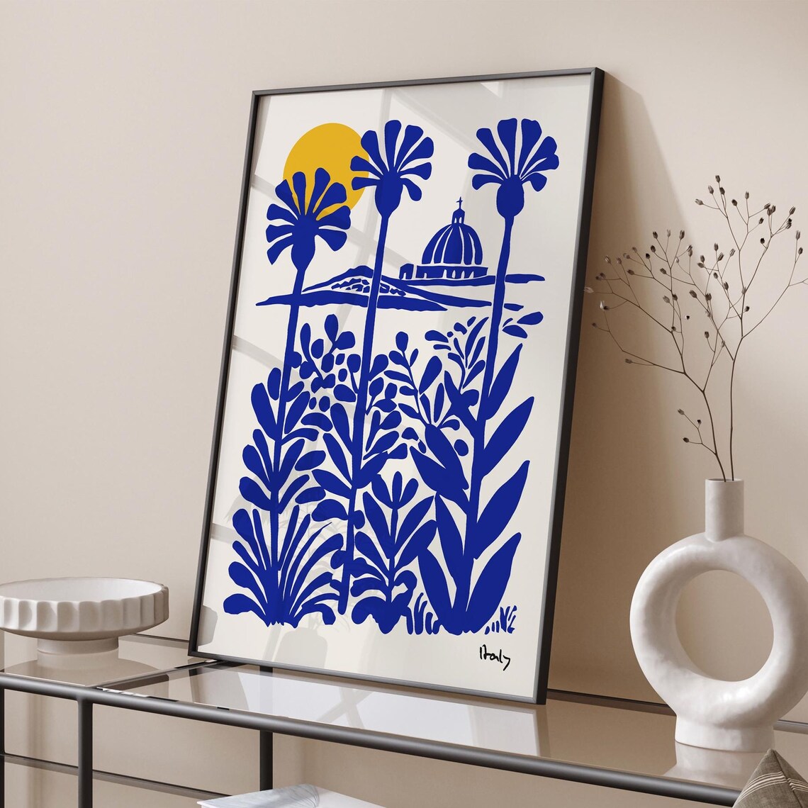 Blue Botanical Italian Coast Poster With Dome And Golden Sun - Image 6