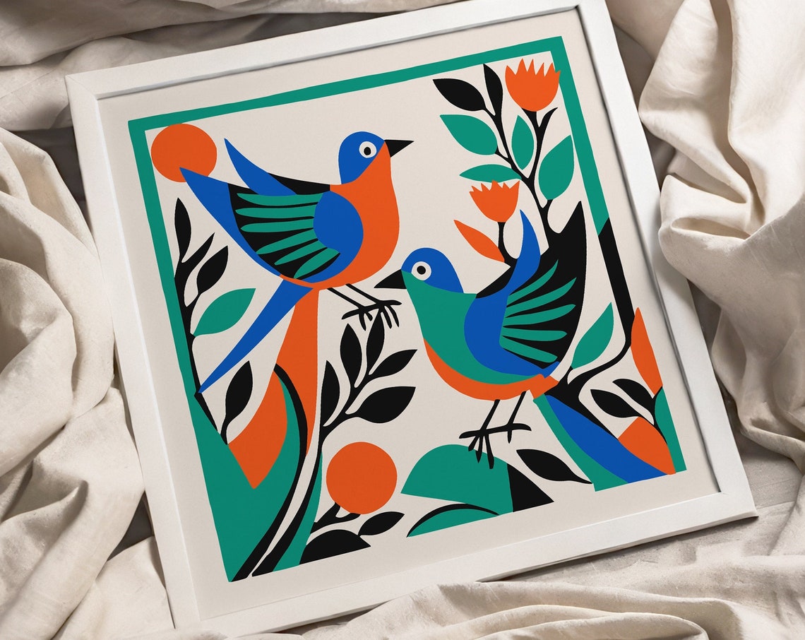 Colorful Retro Birds Square Folk Style Mid Century Modern Print