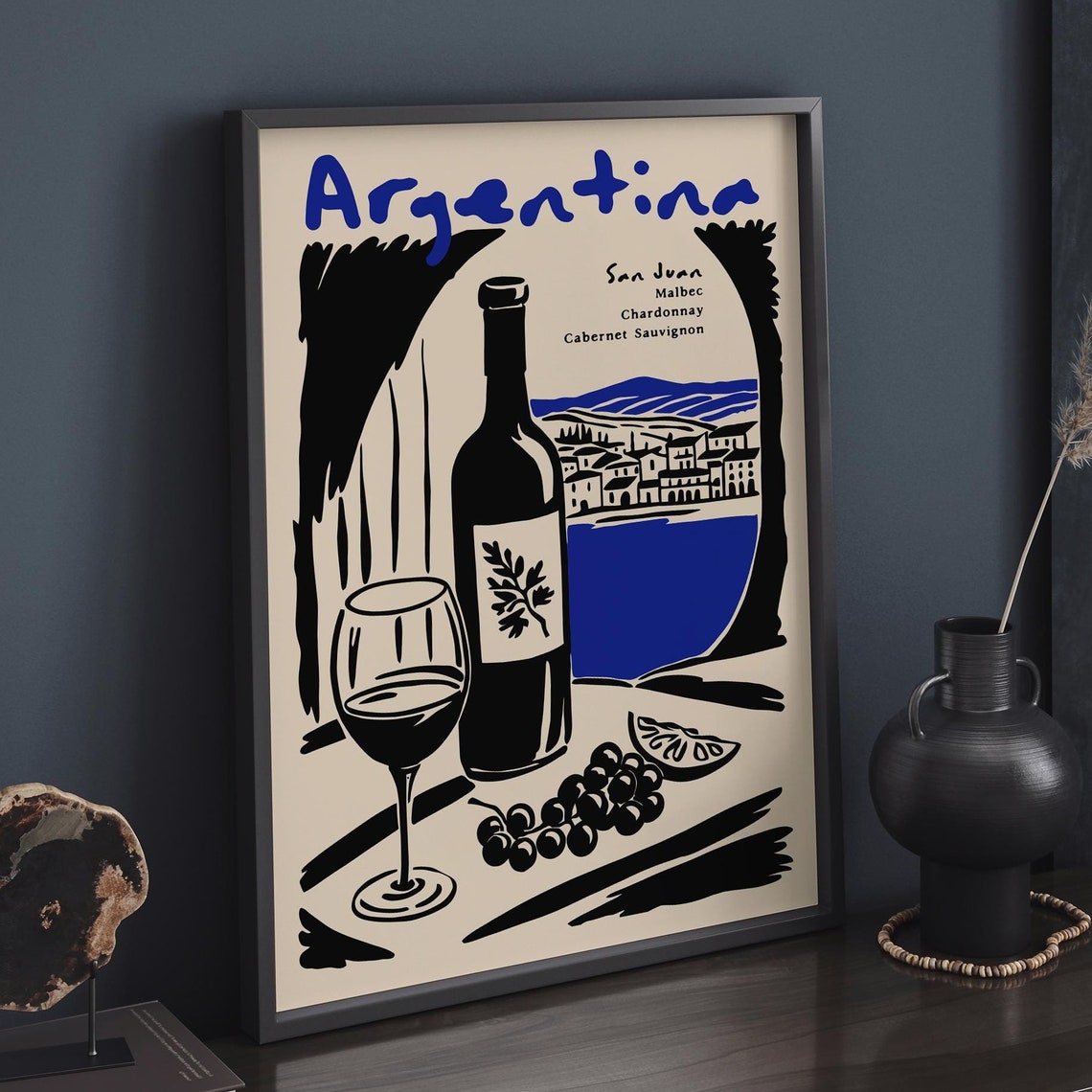 Argentina San Juan Wine Black Ink Bottle Glass Vineyard Poster