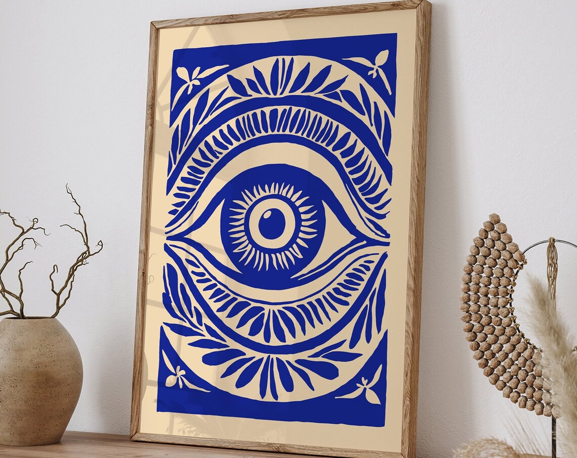 Blue Evil Eye Indigo Floral Boho Spiritual Decor Retro Poster