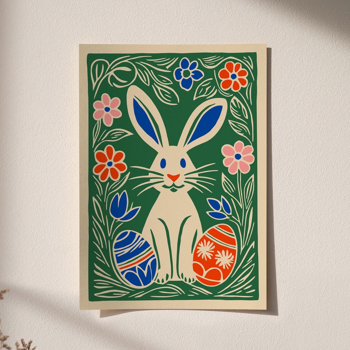 White Easter Bunny Green Meadow Flowers Painted Eggs Art Poster - Image 6