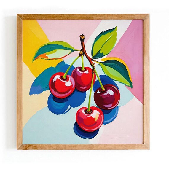 Colorful Cherry Fruit Print Contemporary Wall Art Colorful Kitchen Wall Decoration Modern Fruit Illustration 10x10 12x12 14x14 18x18