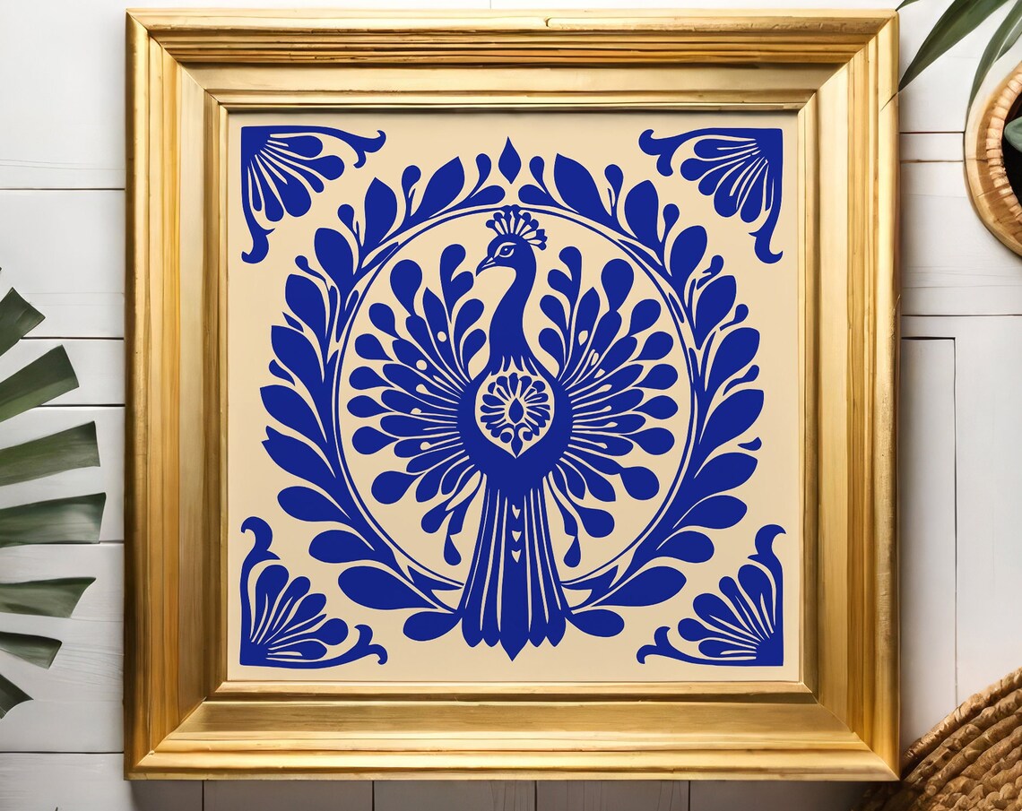 Blue Peacock Mandala Tile Pattern Ornamental Bird Art Poster