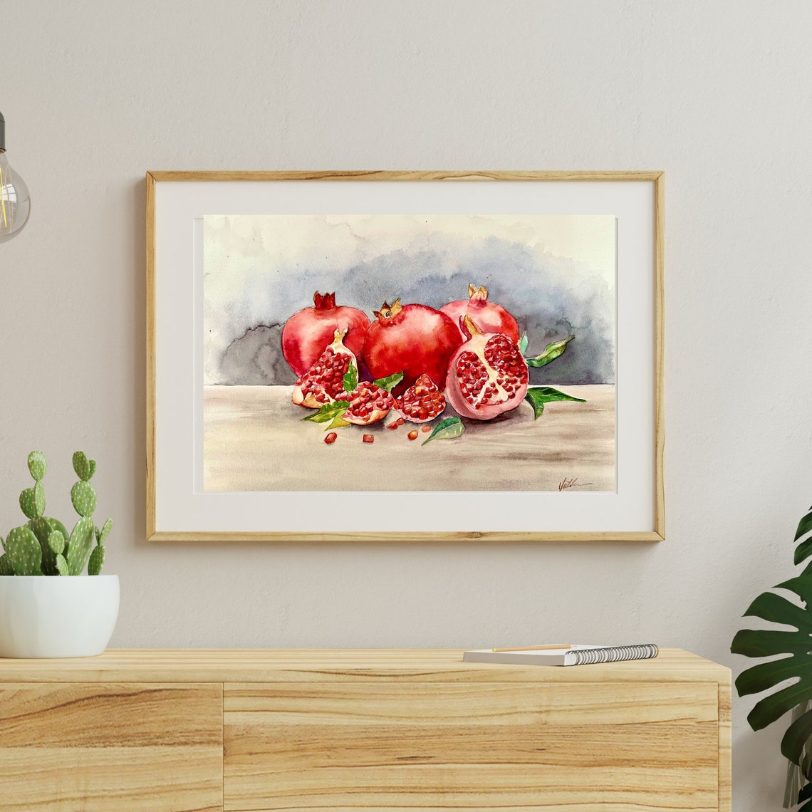 Pomegranates and Cut Fruit Seeds Rustic Watercolor Still Life Poster - Image 6
