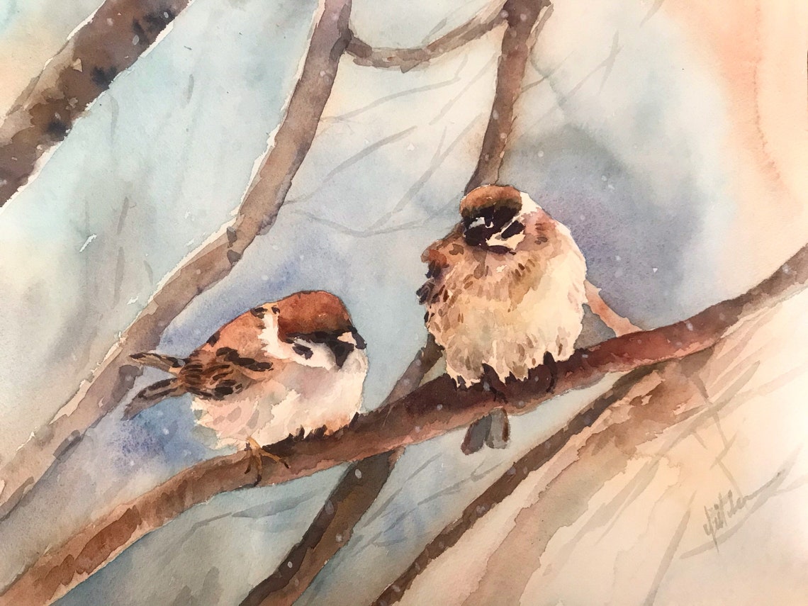 Two Tree Sparrows Resting on Winter Branches in Watercolor Poster - Image 3