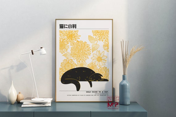 Japanese Cat Zen Black Print With Flower Quote