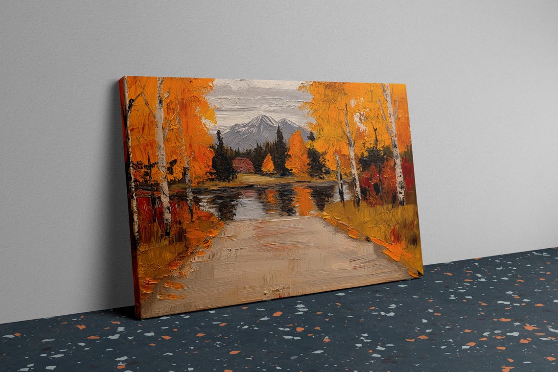 Autumn River Landscape Oil Painting Poster Golden Birch Trees Artwork