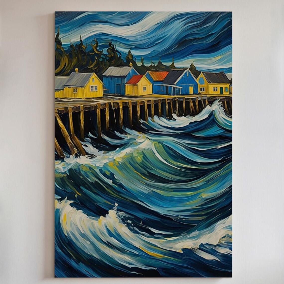 Coastal Cottage Art Print, Dramatic Ocean Wave