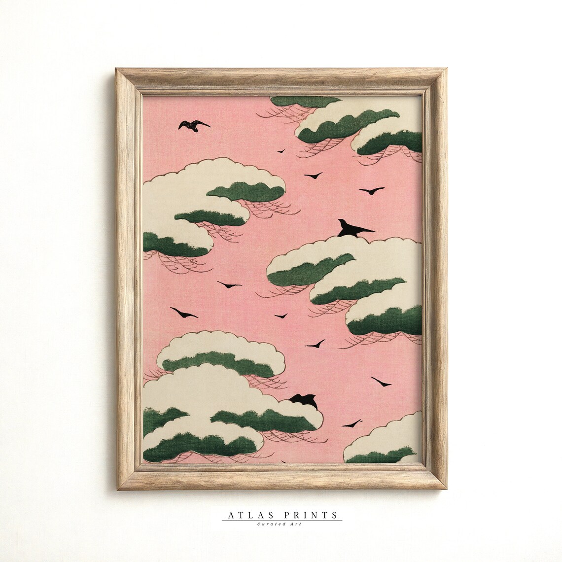Vintage Japanese Woodblock Pink Sky Snowy Pine Birds Art Poster