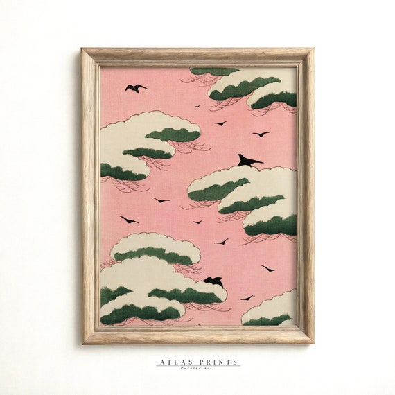 Vintage Abstract Pink Sky Print Traditional Japanese Woodblock Painting Clouds On Pink Sky Decor Asian Wall Art