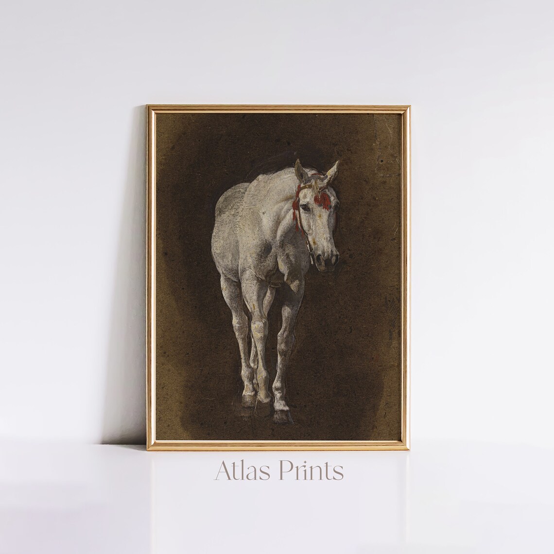 Antique White Horse With Red Bridle Moody Vintage Equestrian Poster
