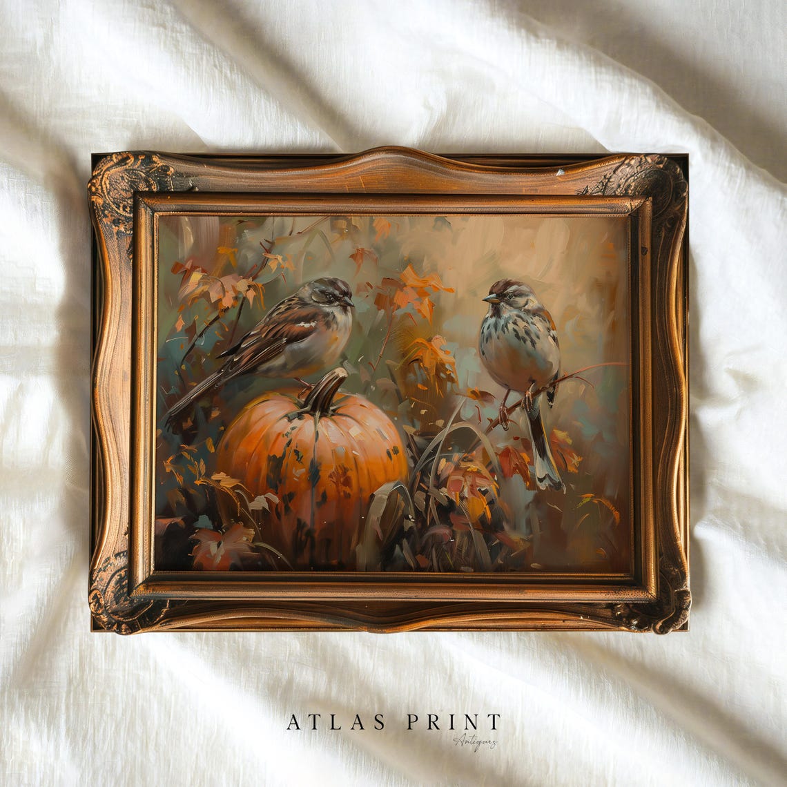Two Sparrows On Pumpkin Autumn Oil Painting Fall Birds Wall Art - Image 5