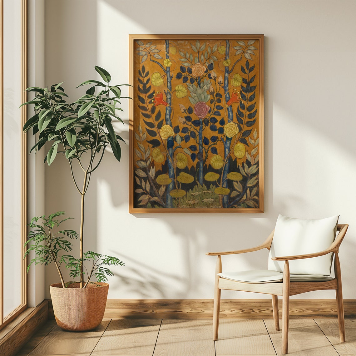 Vintage Folk Art Botanical Gold Ground Stylized Floral Forest Poster - Image 3
