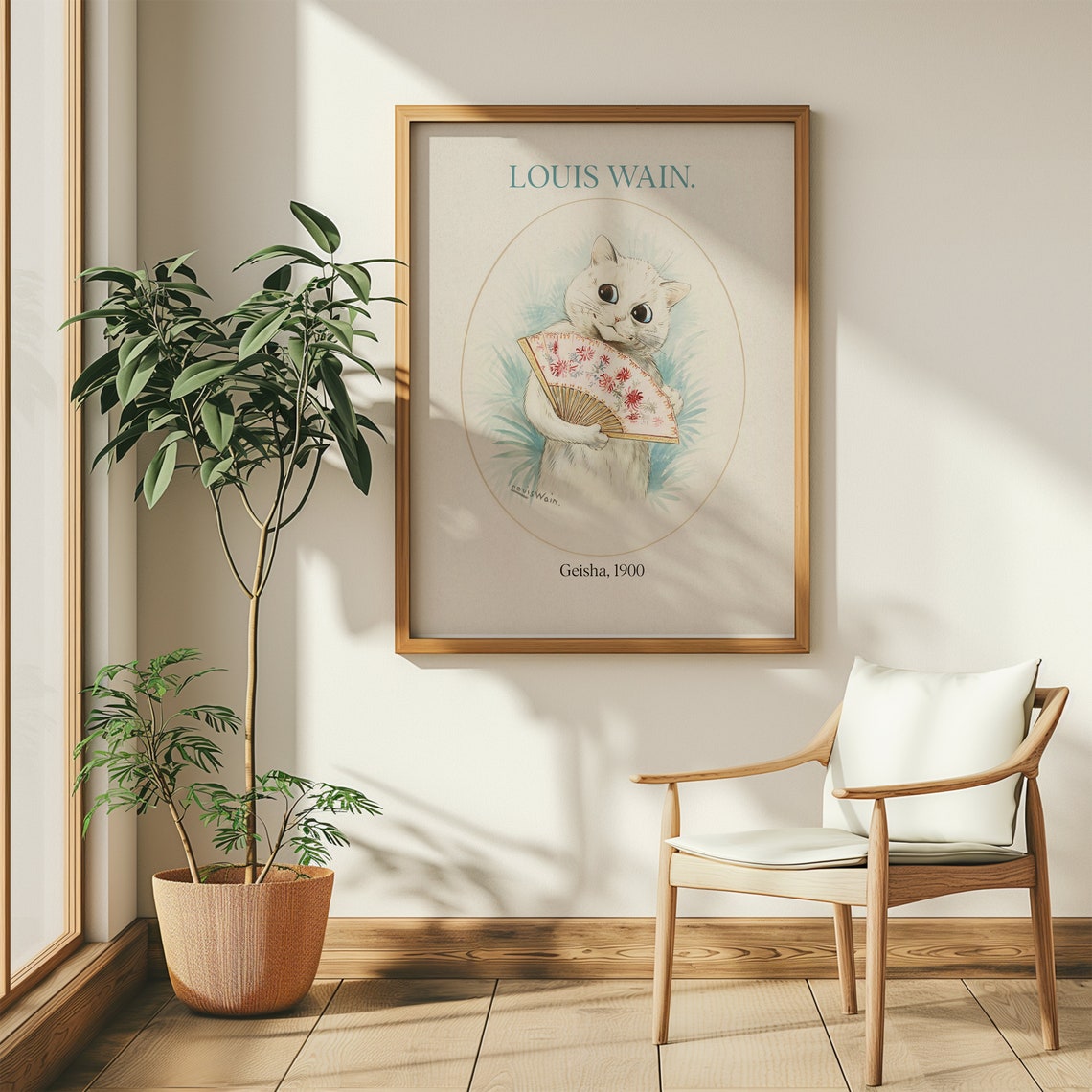 Louis Wain Geisha 1900 White Cat With Fan Antique Art Poster - Image 3