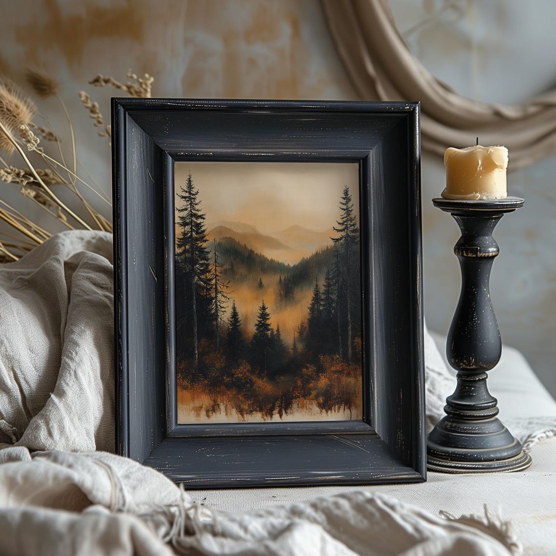 Moody Autumn Forest Misty Mountains Golden Pines Painting Wall Art - Image 5