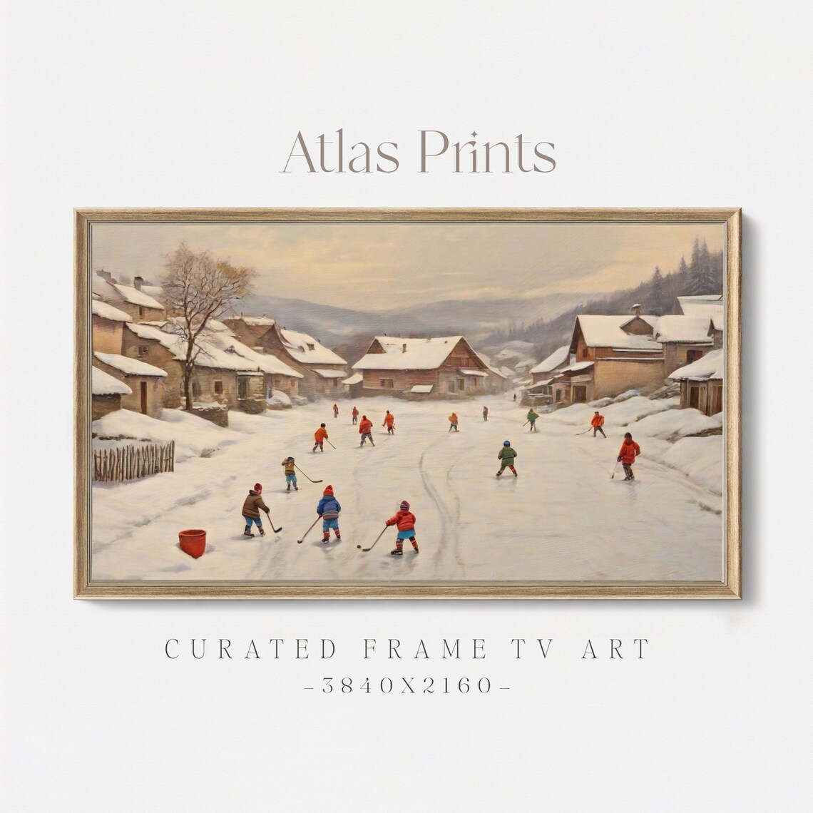 Kids Playing Pond Hockey Snowy Village Winter Frame TV Poster