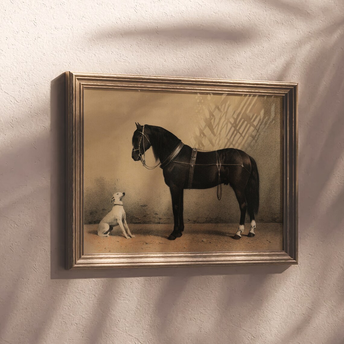 Noble Black Horse With White Dog Vintage Equestrian Wall Art - Image 2