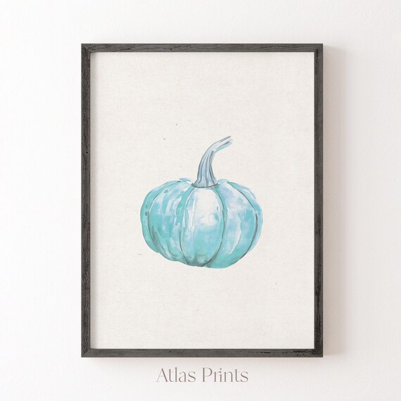 Watercolor Turquoise Pumpkin Modern Fall Kitchen Decor Art Poster