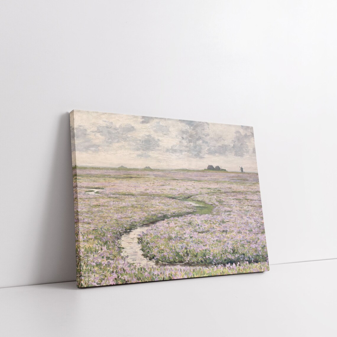 Blooming Heather Field Windmill Stream Vintage Spring Landscape Wall Art - Image 5