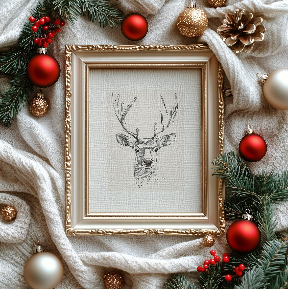 Deer Head Pencil Sketch Minimalist Stag Line Drawing Wall Art - Image 2