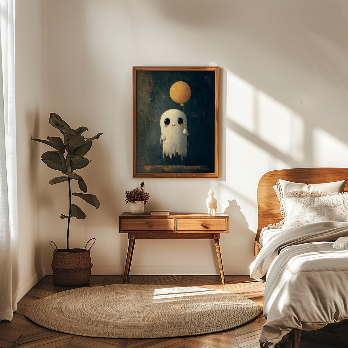Cute Smiling Ghost Holding Yellow Balloon Dark Vintage Halloween Painting Poster - Image 3