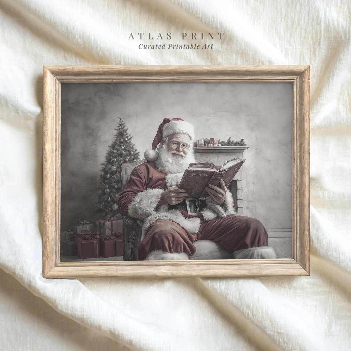 Santa Claus Reading By The Fireplace Vintage Christmas Book Poster