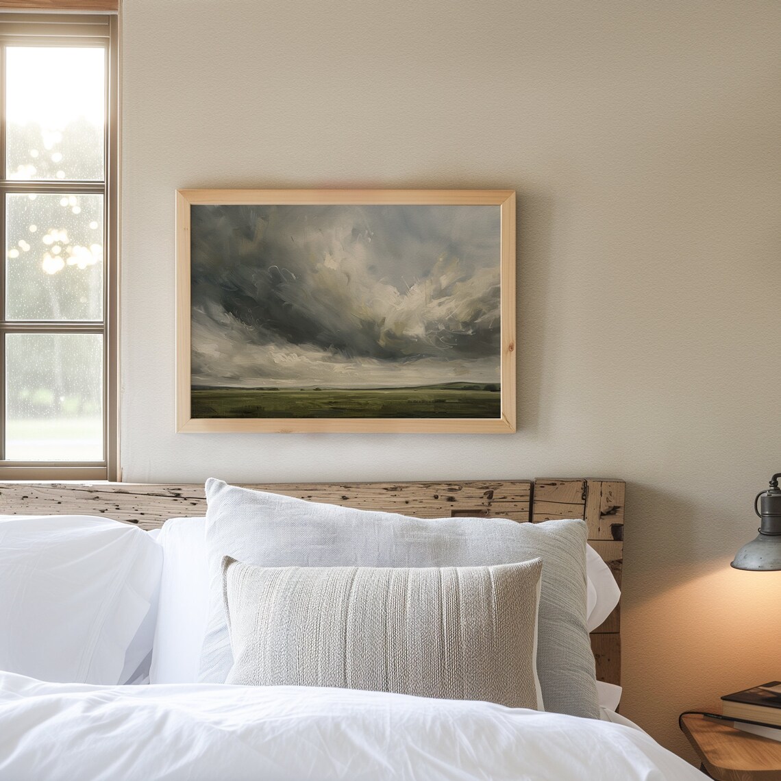 Moody Vintage Stormy Sky Over Green Pasture Landscape Painting Poster - Image 5