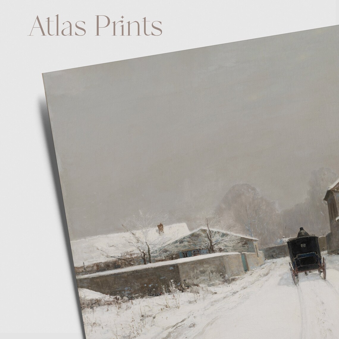 Vintage Snowy Village Street Winter Painting Horse Cart Grey Poster - Image 2