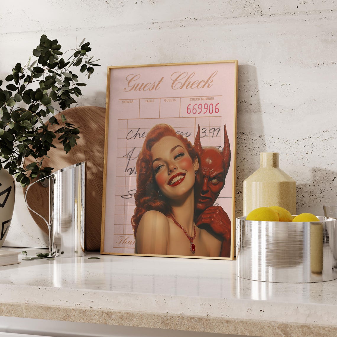 Vintage Pin Up Girl and Red Devil Retro Guest Check Halloween Poster - Image 3